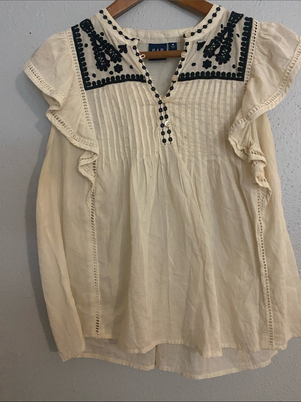 GAP Cream Blouse with Black Embroidery and Beaded Trim